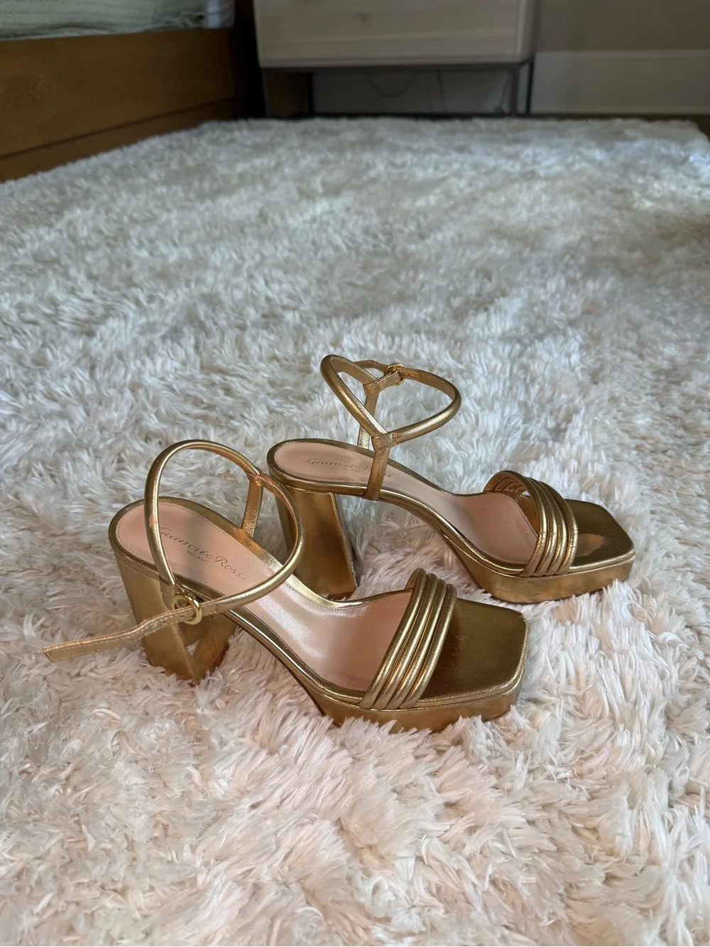 Gianvito Rossi Gold Leather Platform Block Heel Sandals - well worn